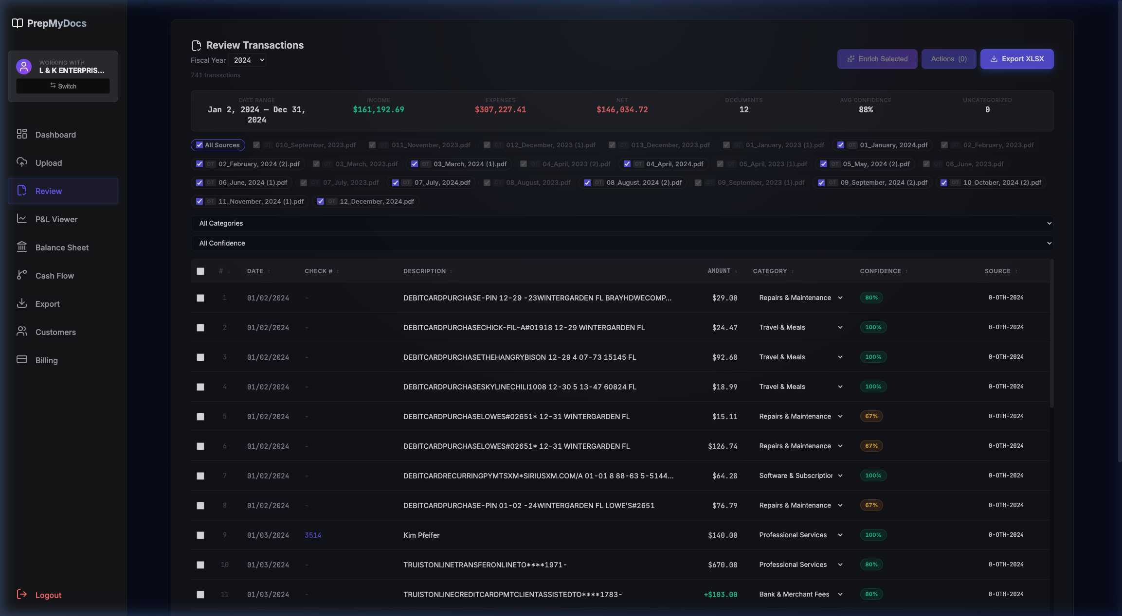 PrepMyDocs review screen with a flagged transaction being recategorized